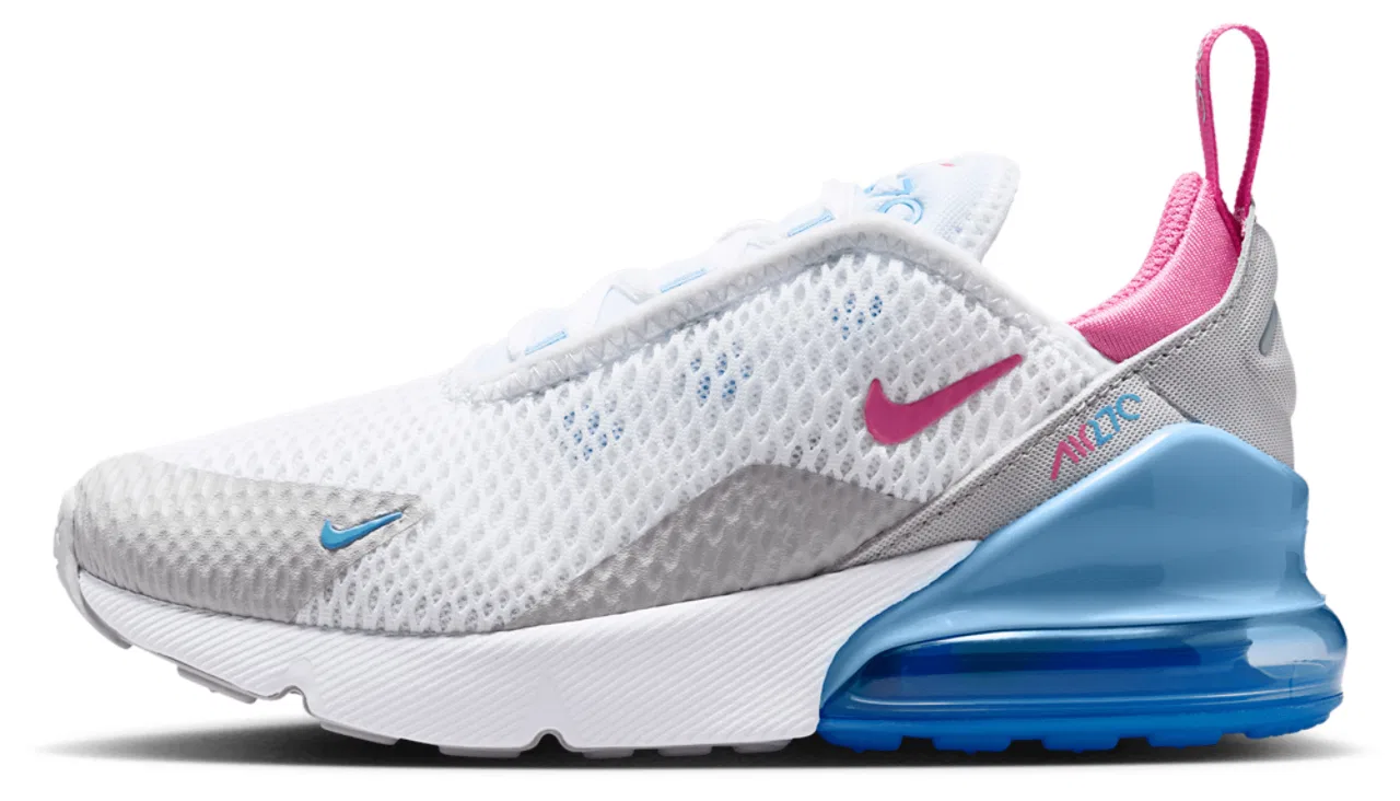 Кроссовки для мальчиков Air Max 270 Nike, цвет White/Pinksicle/Football Blue — фото 2