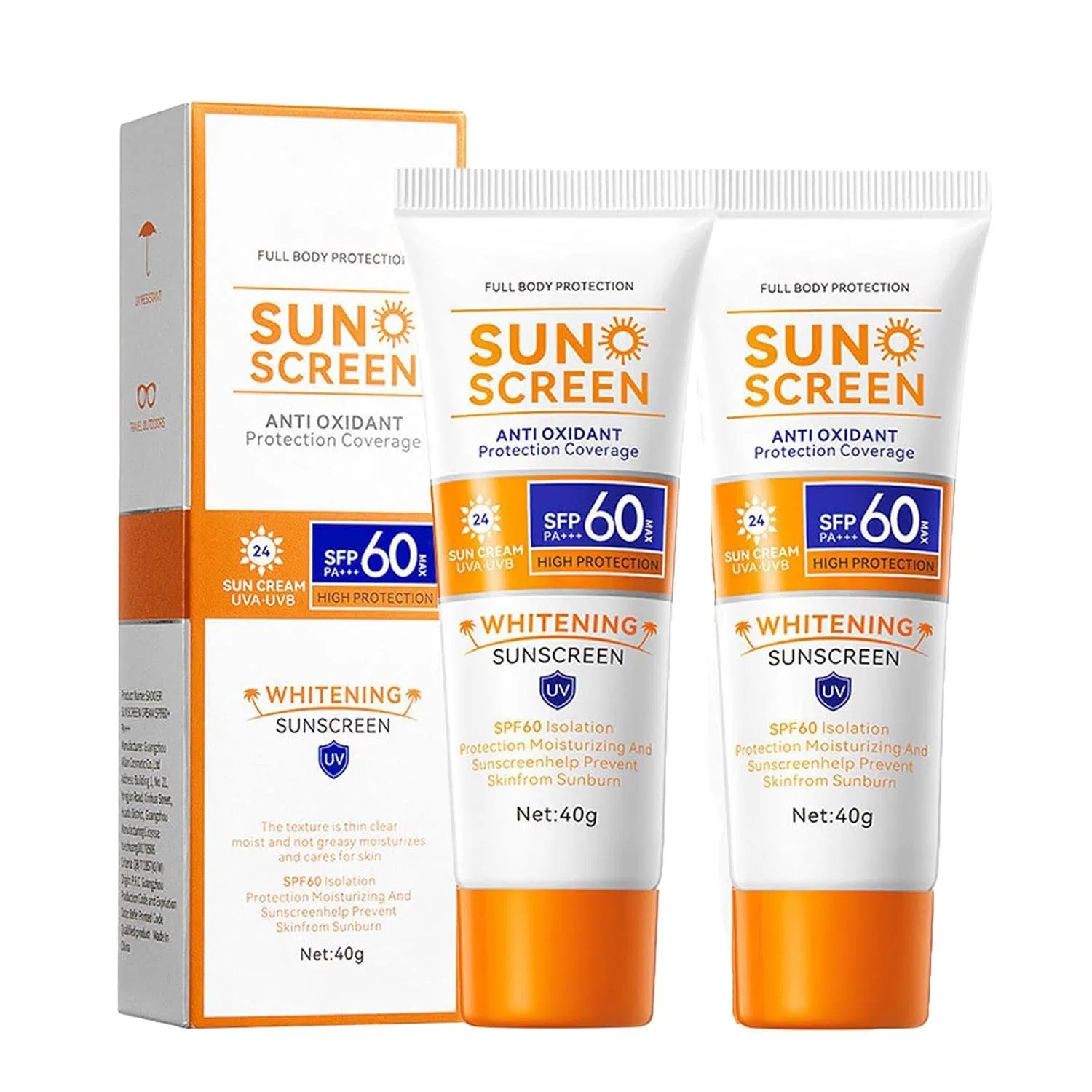 Солнцезащитный крем для лица SPF 60 PA+++, NTHFECG, набор 2 шт, 40 г