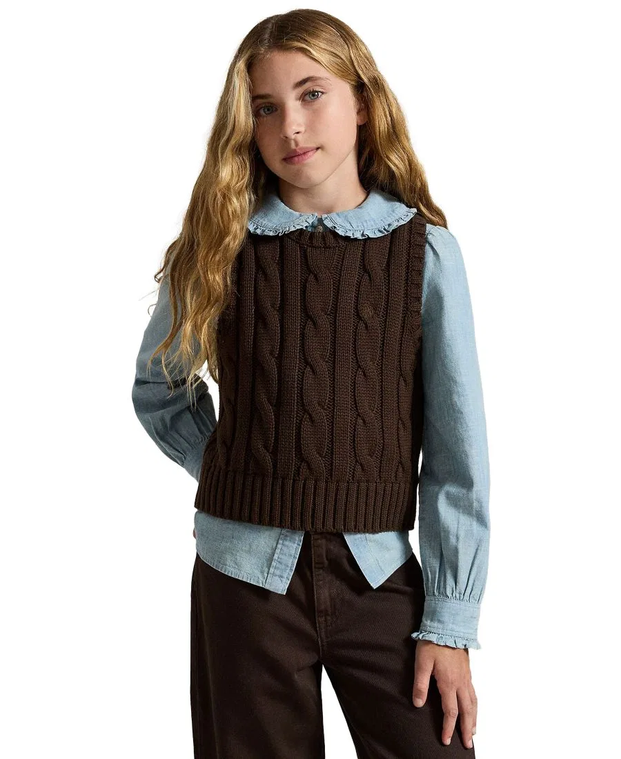 Жилет свитер из хлопка с косами Polo Ralph Lauren, Nutmeg Brown