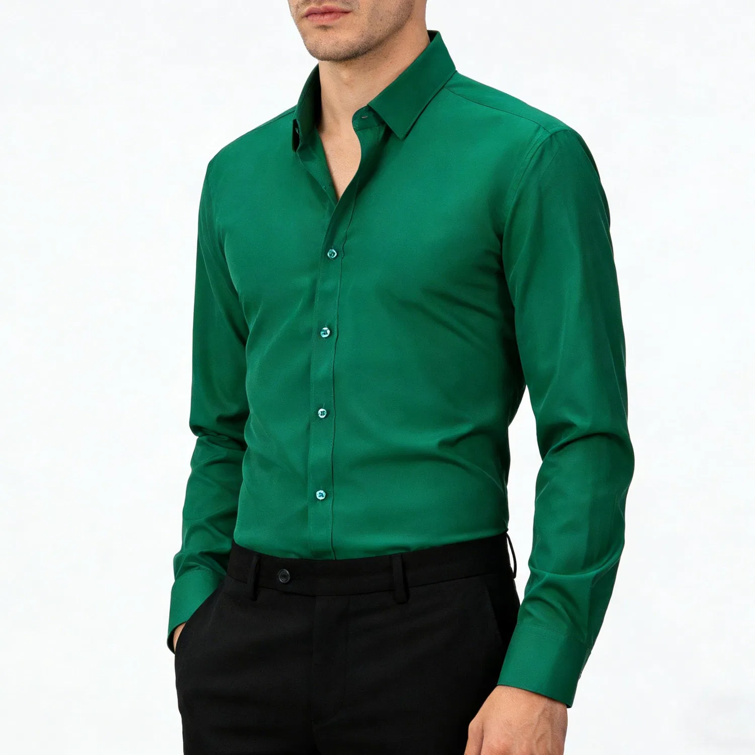 Мужская рубашка с длинным рукавом, современный slim fit, Dark Green — фото 3