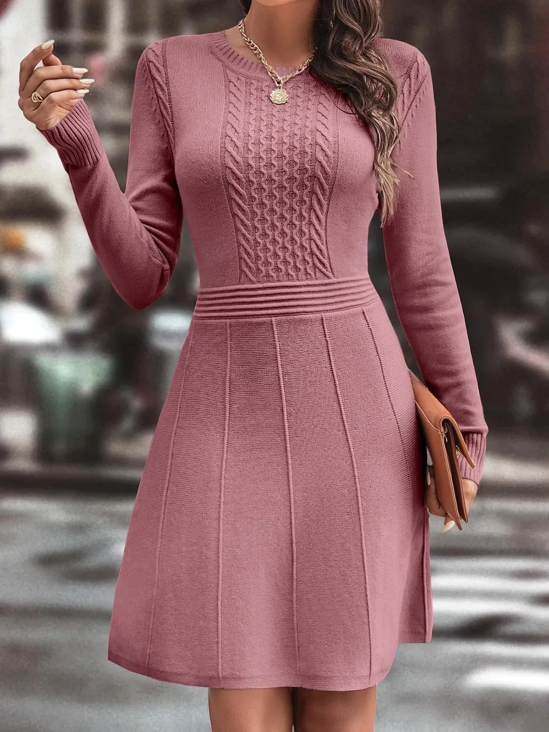 Женское платье-свитер с круглым вырезом, длинным рукавом Dusty Pink — фото 3