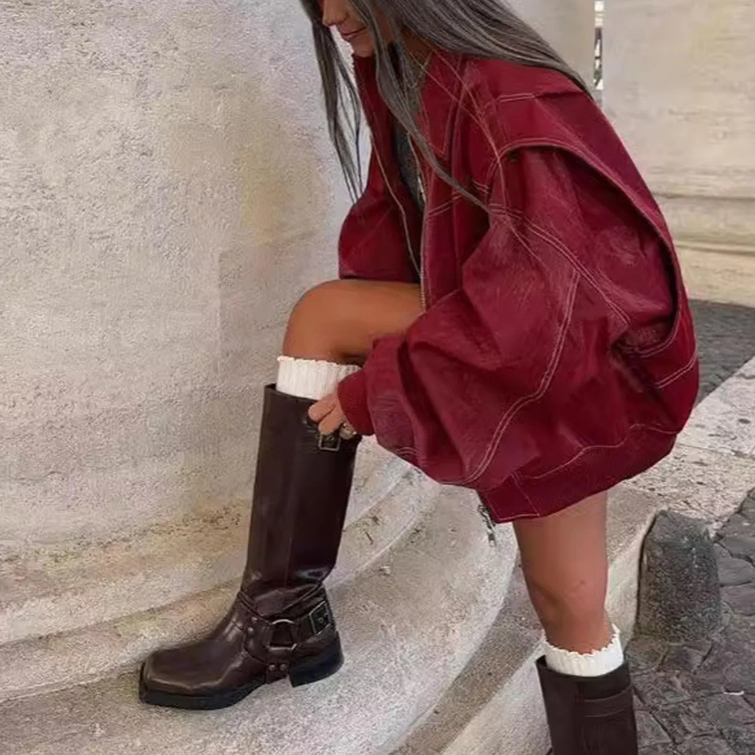 Женская куртка-косуха из экокожи с молнией, оверсайз, Autumn 2025, Rosso — фото 4