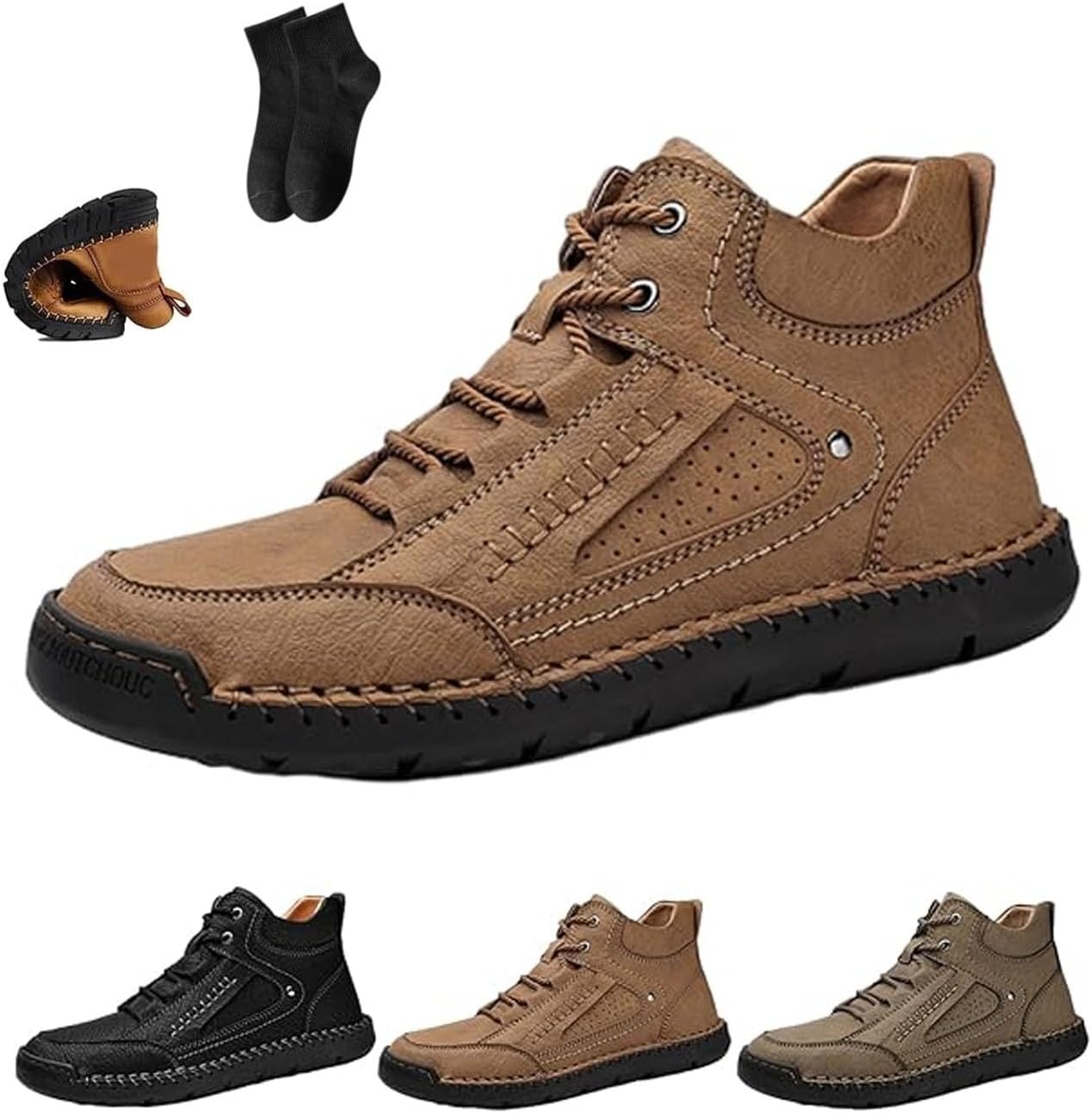 

Мужские ботинки, удобные мужские ботинки ручной работы из кожи, широкие кожаные ботинки для улицы, водонепроницаемые, с поддержкой свода стопы, для ходьбы и вождения Noworfewer, коричневый