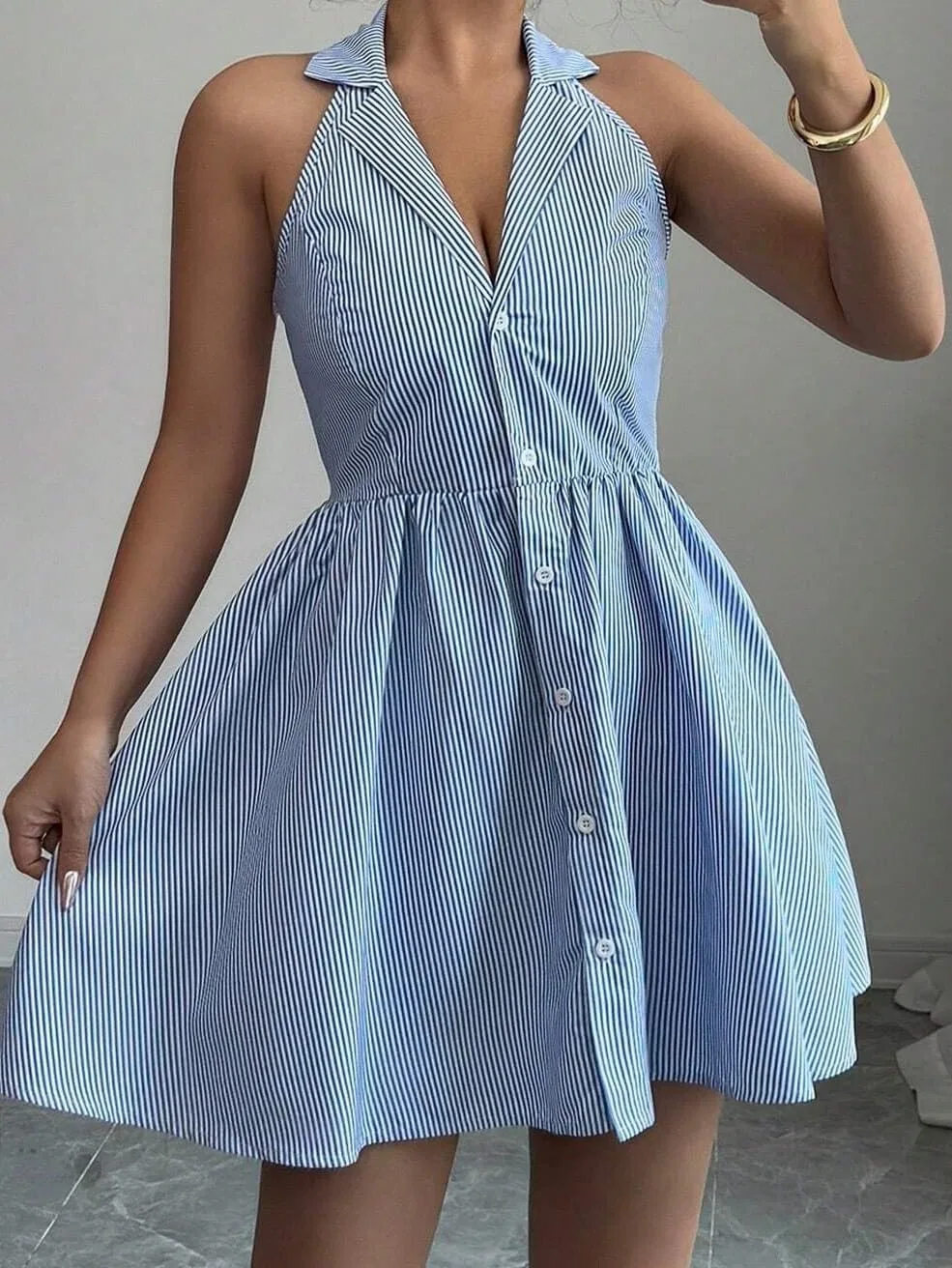 Повседневное мини-платье А-силуэта с запахом, Blue and White — фото 3