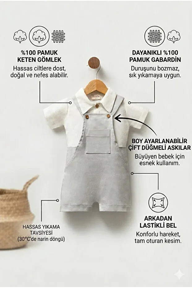 Детский комбинезон для мальчиков хлопковый комплект Summer baby boy overalls set linen shirt body suit and canvas shorts overalls 0-12 months set Kuarks, Light Blue Jumpsuit Ecru Shirt — фото 3