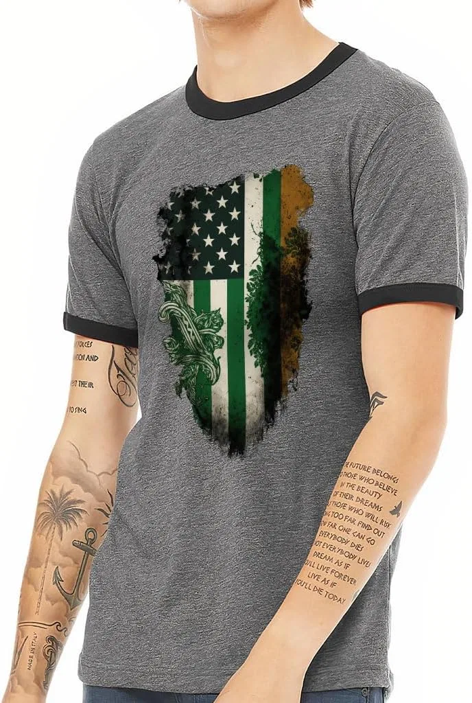 Мужская футболка с принтом Irish American Flag Ringer, Deep Heather Black — фото 2
