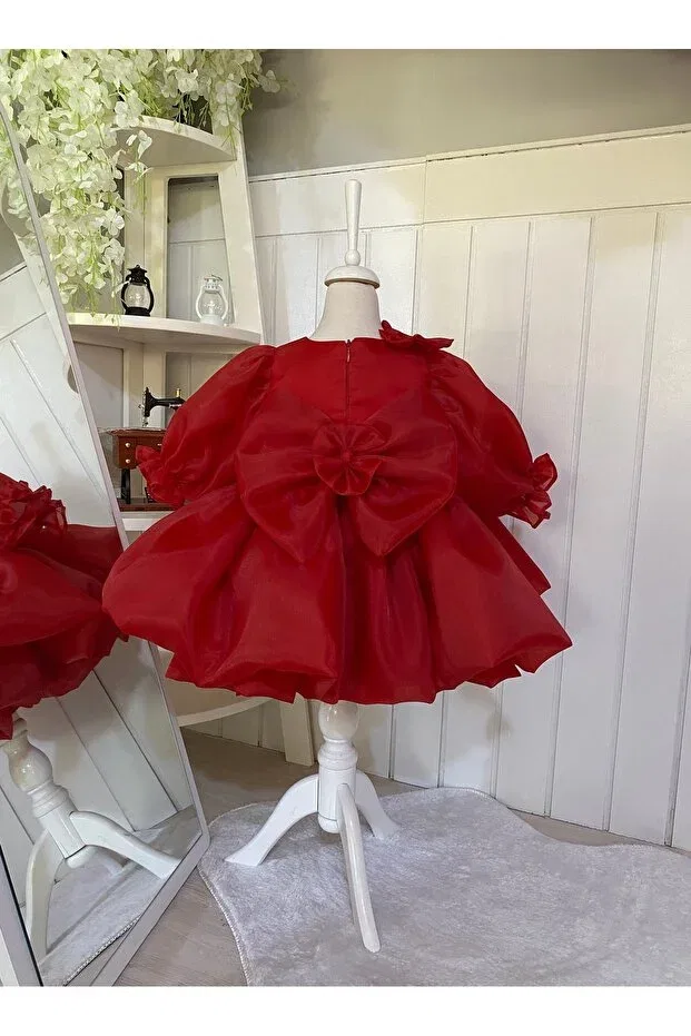 Детское платье для девочек с воздушным рукавом Karolin puffy dress with balloon sleeves Hobi, Red — фото 2
