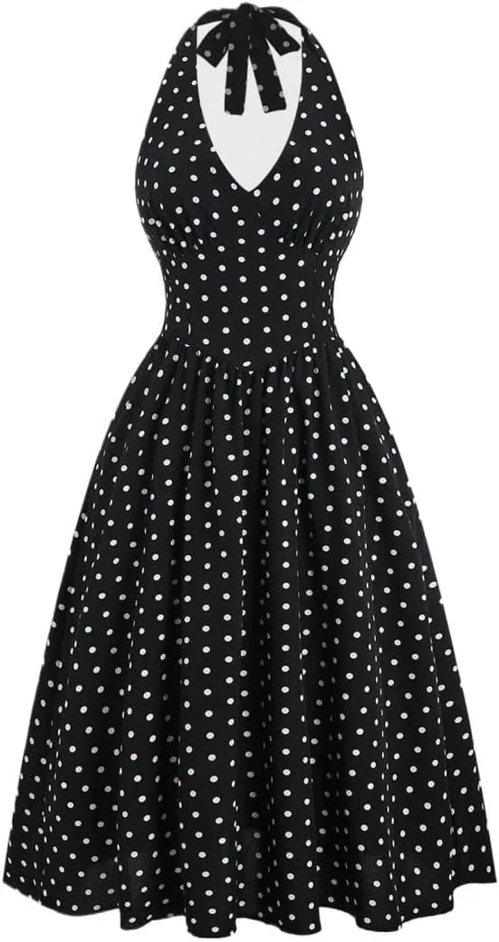 Женское A-силуэта платье без спины с галстуком Polka Dot, Black/White