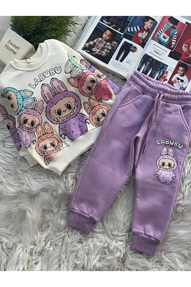 Детский комплект свитшота и спортивных штанов для девочек с принтом Labubu Printed Paty Kids, Purple — фото 2