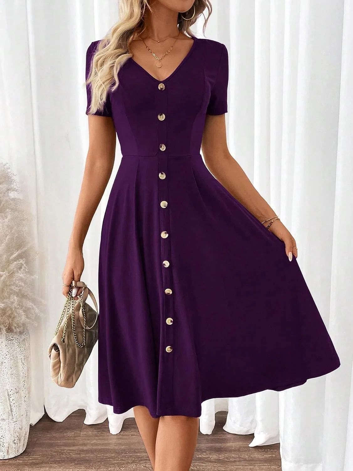 Женское повседневное платье А-силуэта с V-образным вырезом, Purple — фото 2