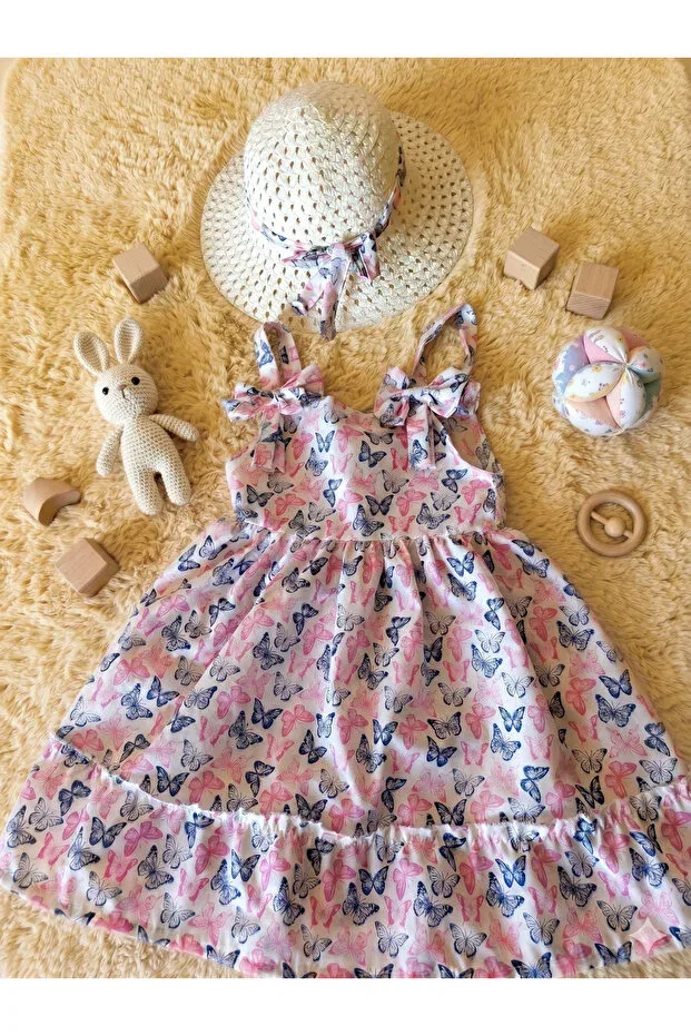Детский комплект платьев для девочек с принтом Butterfly Patterned Ruffle Summer Dress and Hat Set Muba Kids, Multicolor — фото 2
