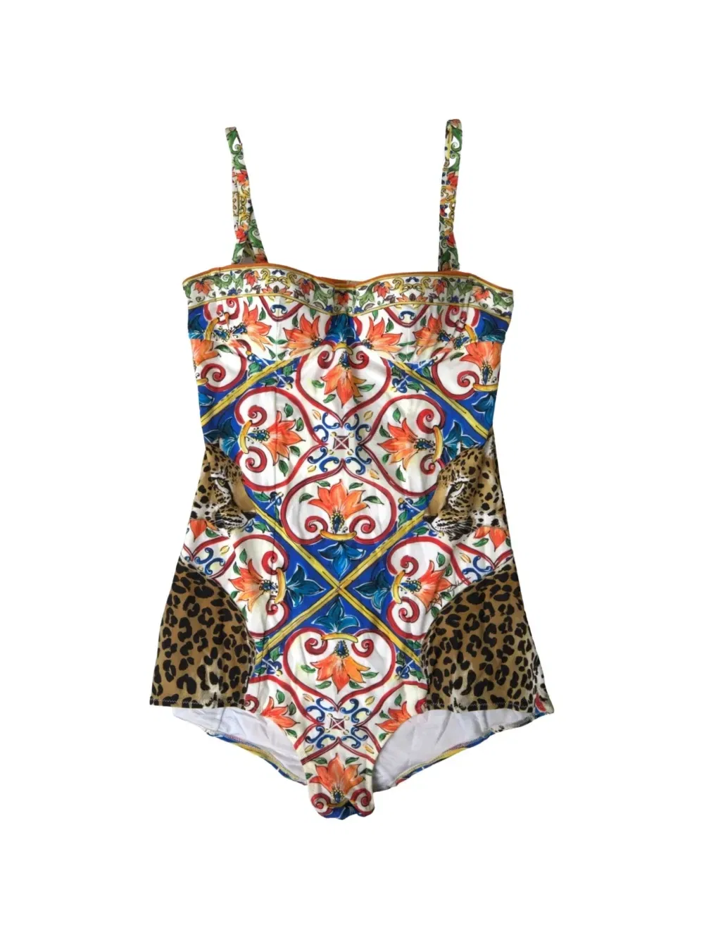 Купальник с принтом в стиле майолики и леопардовым узором DOLCE & GABBANA, белый