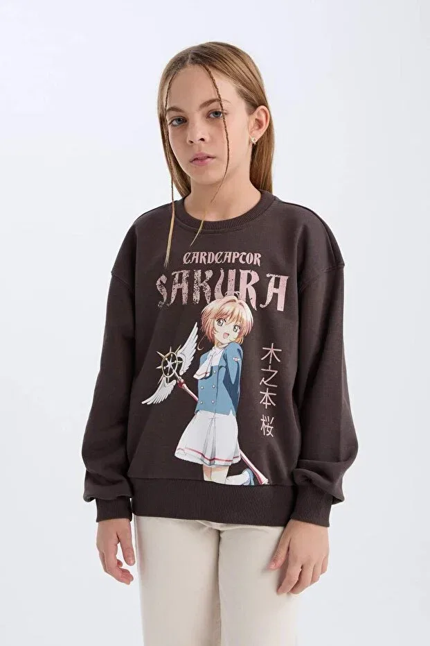 Детские свитшот для девочек оверсайз с принтом Sakura Oversize Wide Fit Crew Neck Defacto, Anthracite-Ar227 — фото 3
