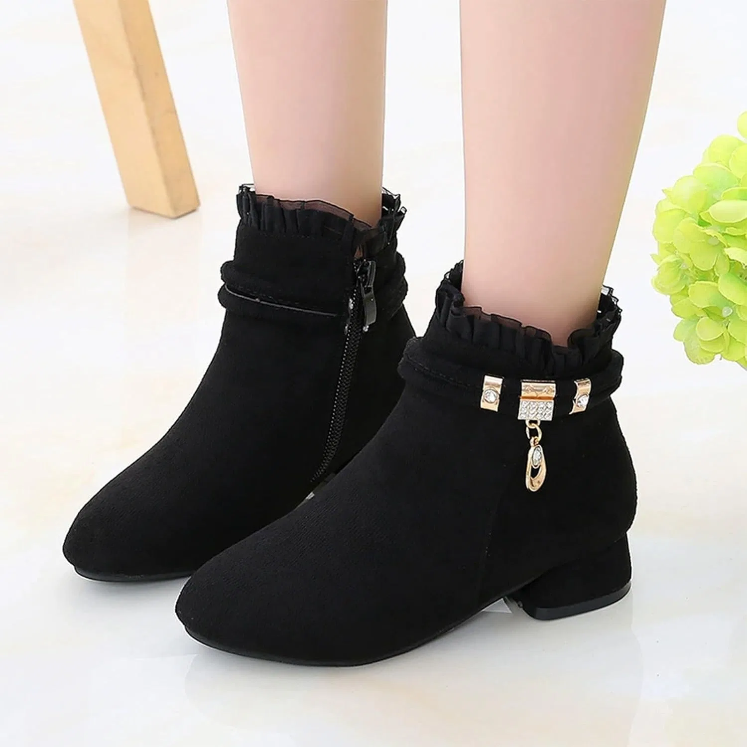 Детские ботинки для девочек с боковой молнией, черные, Western Short Boots, Black — фото 3