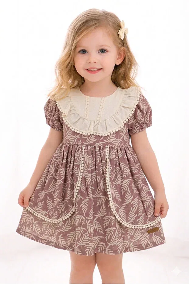 Детское платье для девочек с принтом Floral Lace Detail Amante Kıds, Powder