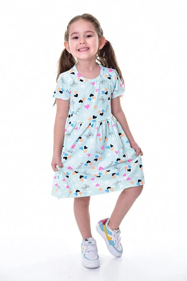 Детское платье для девочек с принтом Summer short sleeve heart printed girl's dress Buufuu, Green