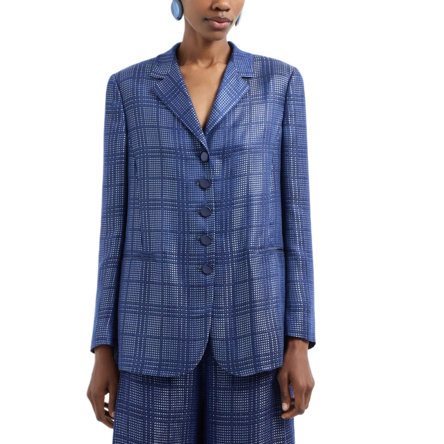 Женский пиджак однобортный с принтом в клетку EMPORIO ARMANI, Blue — фото 3
