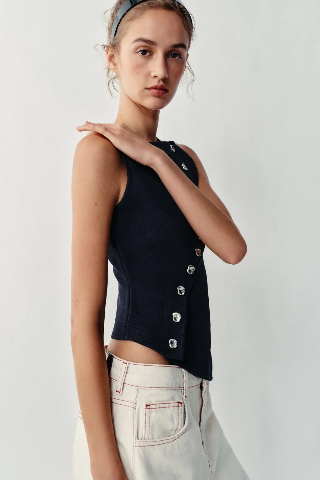 Топ Zara трикотажный с асимметричной застежкой, темно-синий — фото 4