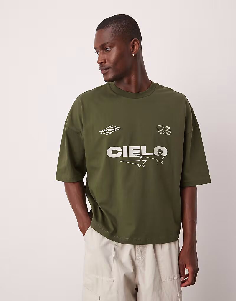 

Футболка свободного кроя ASOS DESIGN свободного кроя с приспущенными плечами и принтом цвета хаки