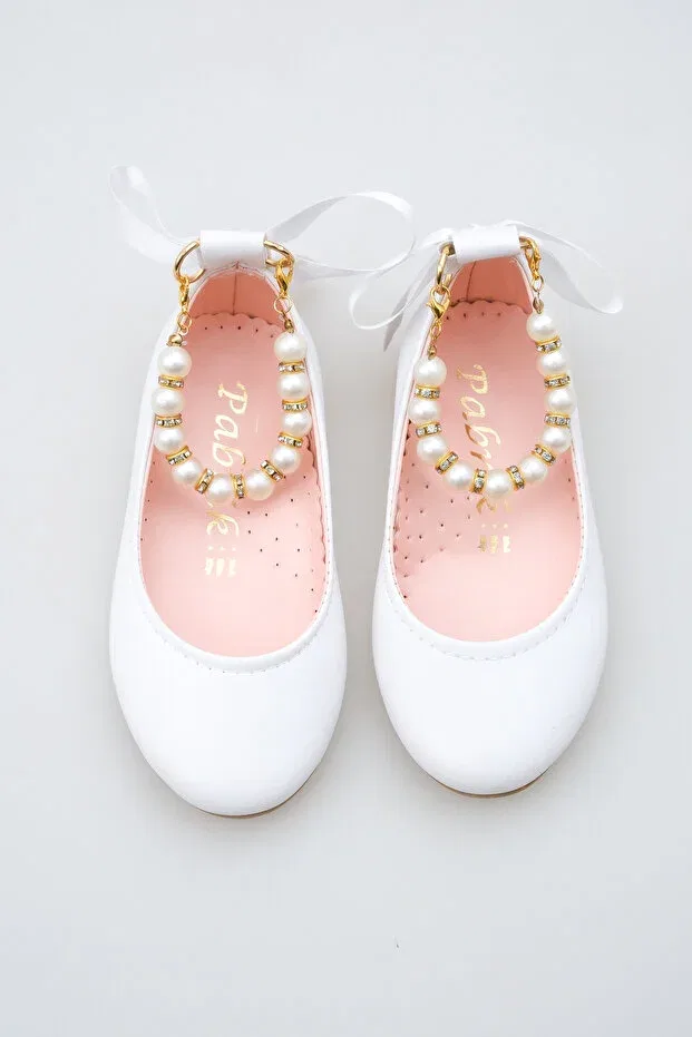 Детские балетки для девочек с жемчугом Shiny White Ankle Pearl Detailed Girls' Ballerinas With Bow Ribbon Kateyler, Bright White — фото 2