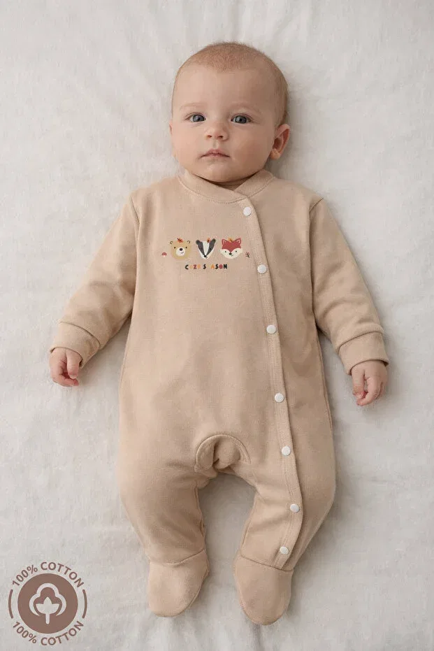 Детский комбинезон с принтом Unisex cozy season printed 0-6 months combed organic cotton baby romper with booties Miniel, Beige