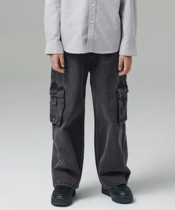 Джинсы карго с широкими штанинами, на резинке, Musinsa Standard Kids, washed black