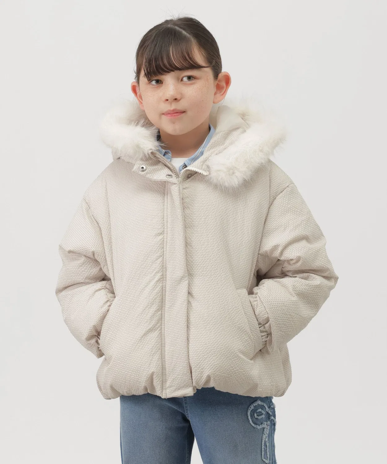 Детская куртка-пуховик на молнии с капюшоном, Light Warm Puffer GLOBAL WORK, Ivory