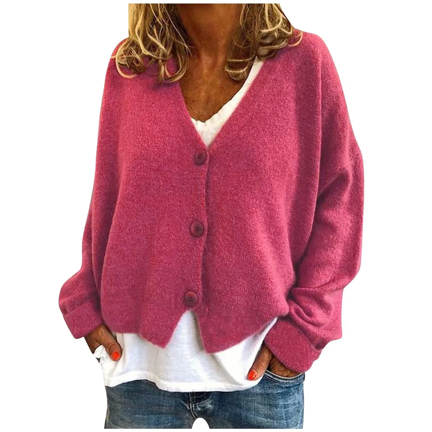 Женский джемпер с длинным рукавом, свободного кроя, с пуговицами, 01 Hot Pink