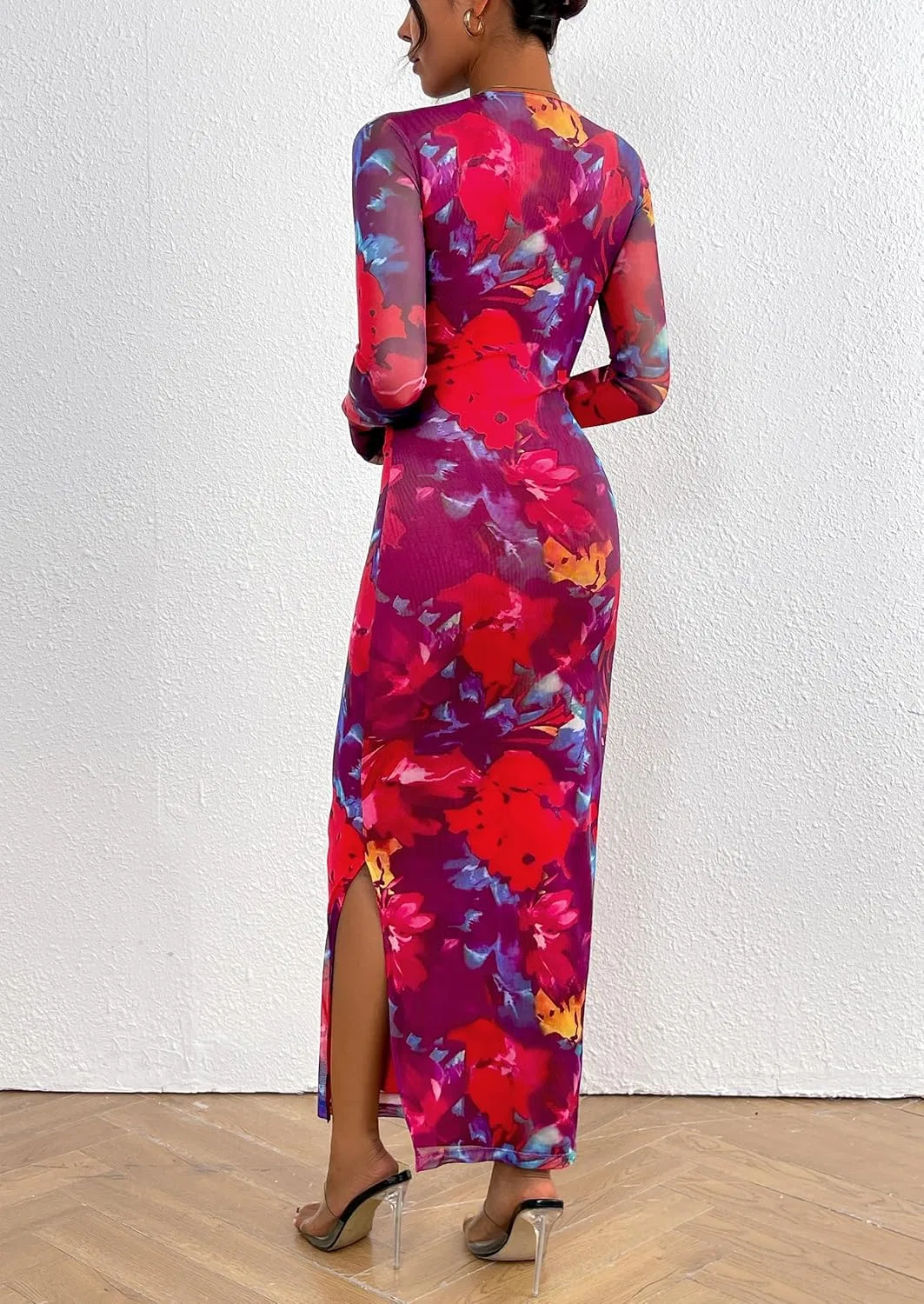 Женское облегающее платье макси с цветочным принтом Navy Red Big Floral — фото 2