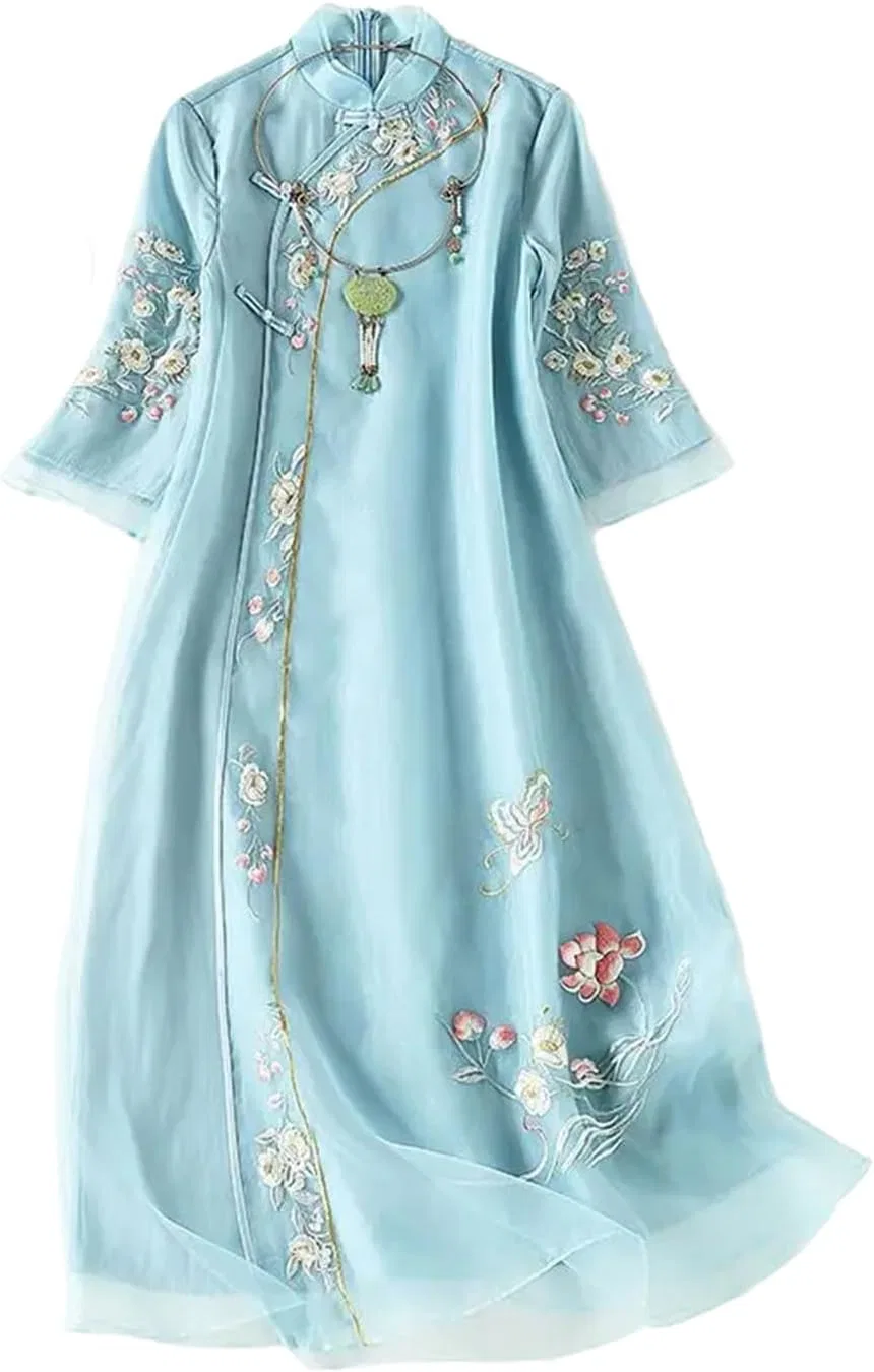 Женское платье-ченгсам с вышивкой A-LINE, Sky Blue