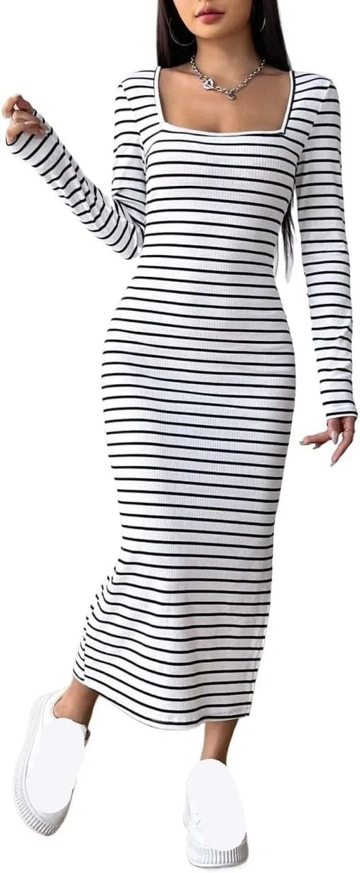 Женское платье миди с квадратным вырезом в полоску Bodycon, Black and White