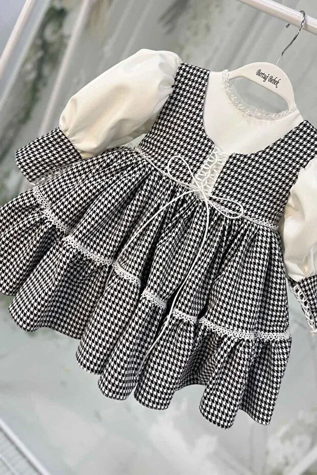 Детское платье для девочек с принтом Houndstooth patterned crepe evening dress baby girl black and white dress Bertuğ Bebek, Siyaz Beyaz — фото 4