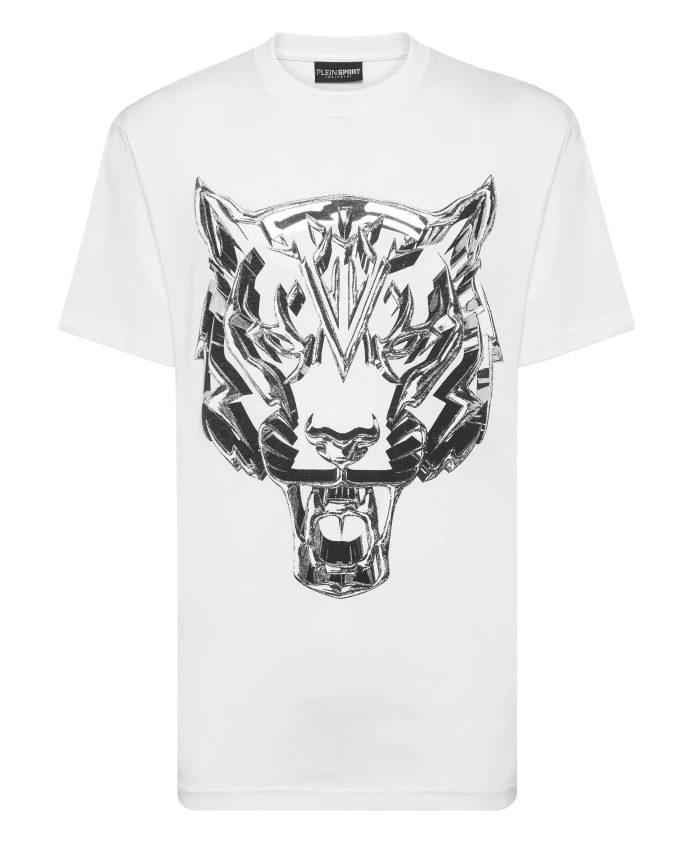 

Футболка с круглым вырезом и изображением хромированного тигра Plein Sport, белый