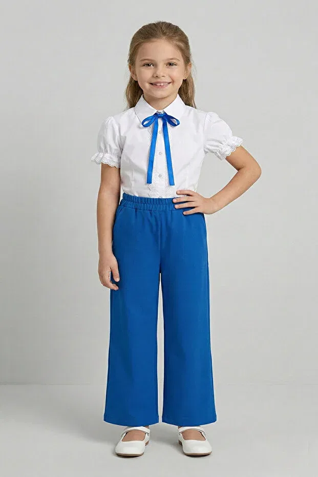 Детские брюки для девочек широкие с кружевными бантами Fatella, Navy Blue — фото 2