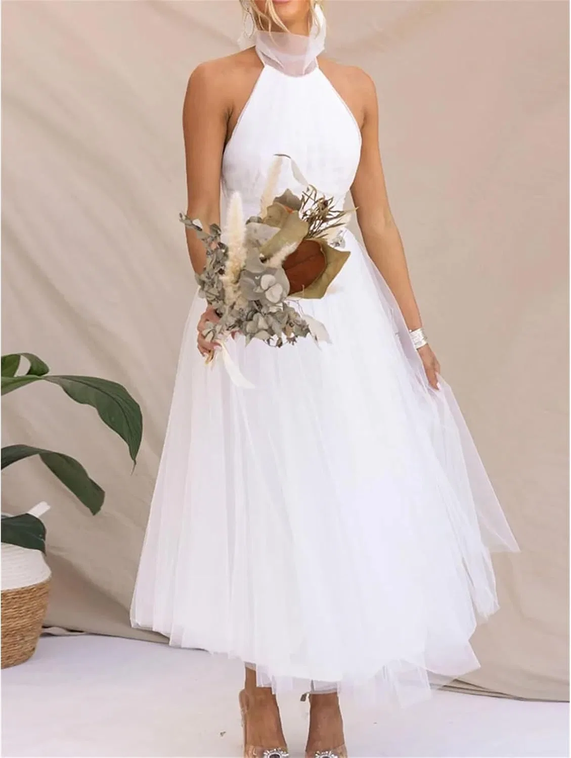 Женское вечернее платье макси с открытой спиной Halter Neck Tulle, Yellow — фото 3