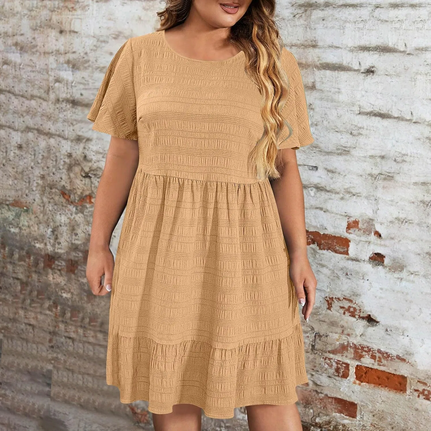 Женское платье миди с коротким рукавом для пляжа, Khaki — фото 2
