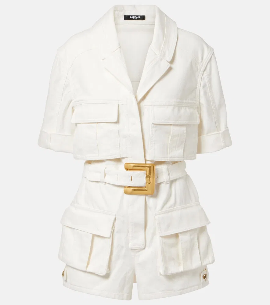 Джинсовый комбинезон с поясом Balmain, белый