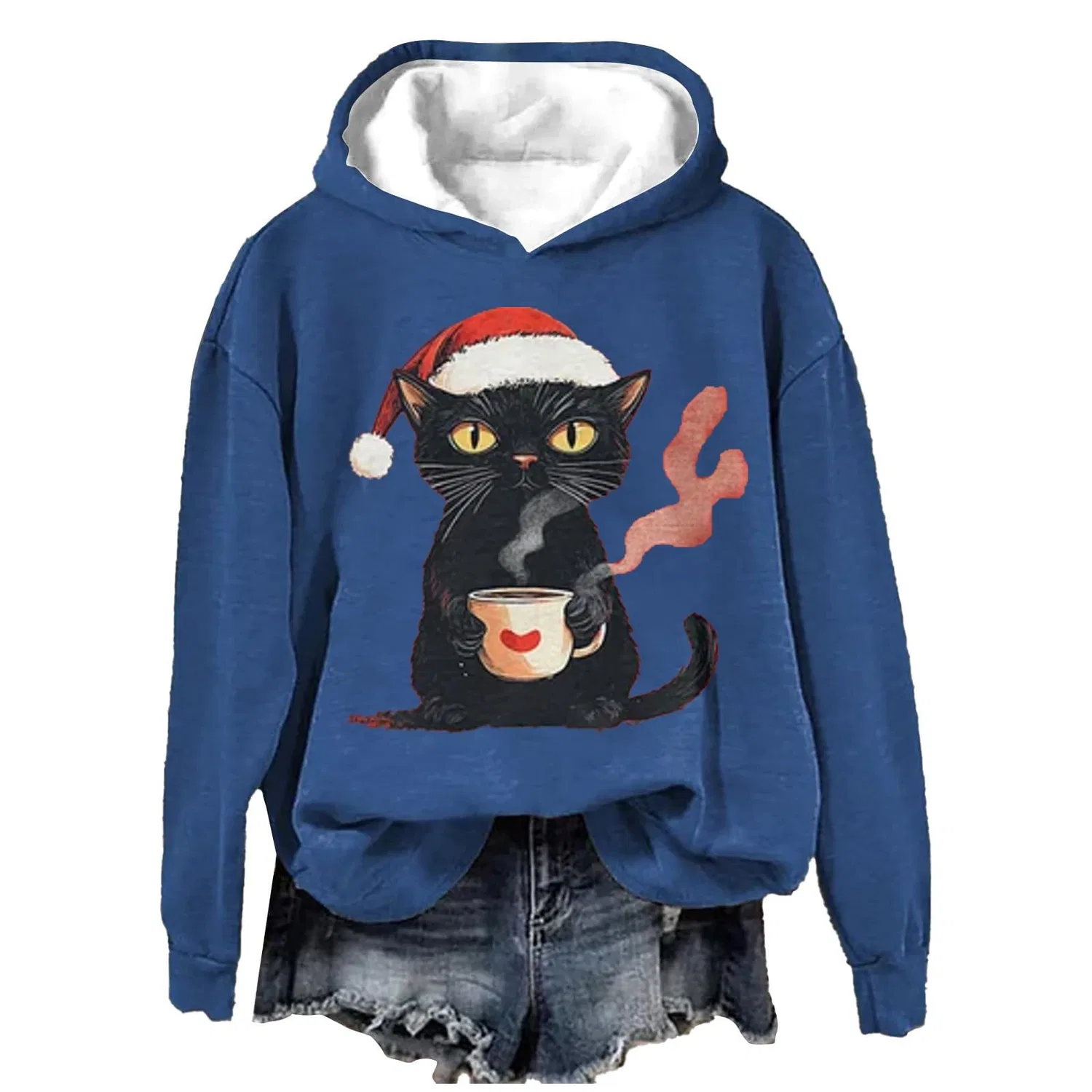 Женский свитшот с принтом Christmas Tree Funny Cat Say What Woman Pullover, Z21 Blue — фото 3
