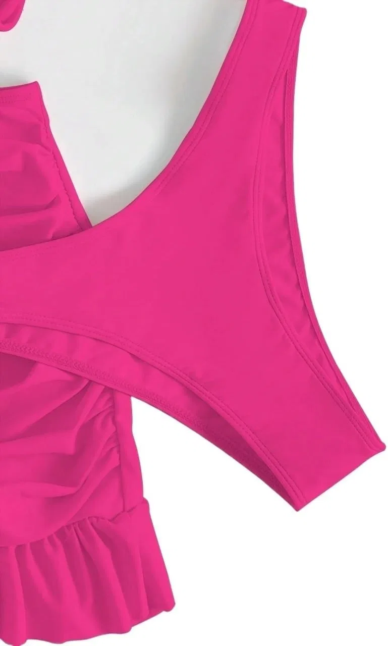 Женский бикини-сет с высокой талией и рюшами, Hot Pink — фото 2