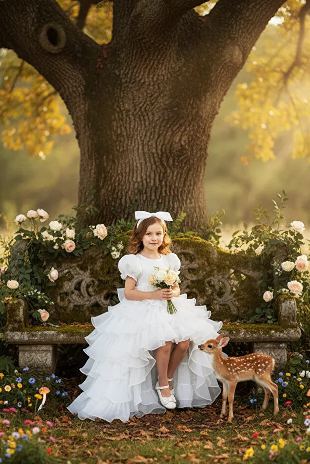 Детское платье для девочек с коротким рукавом-фонарик Purevia white fairytale girls' evening dress - layered tulle birthday dress - prom graduation dress Egolika Kids, White — фото 2