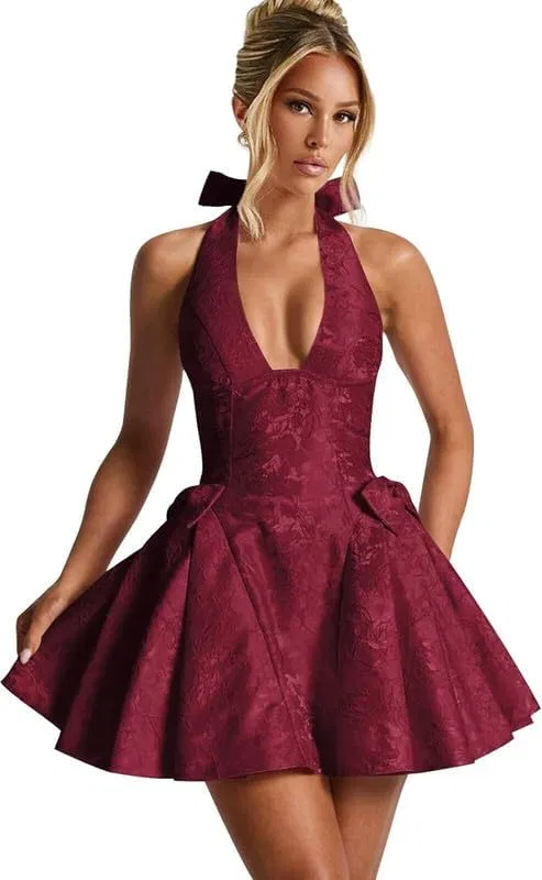 Женское коктейльное платье с бантом V-образным вырезом Jacquard Satin Short Homecoming Dresses, Burgundy