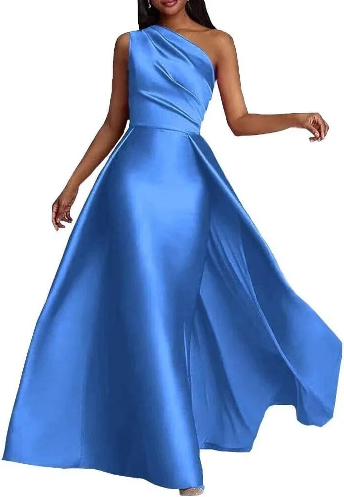 Женское сатиновое платье с одним плечом A-line, Blue