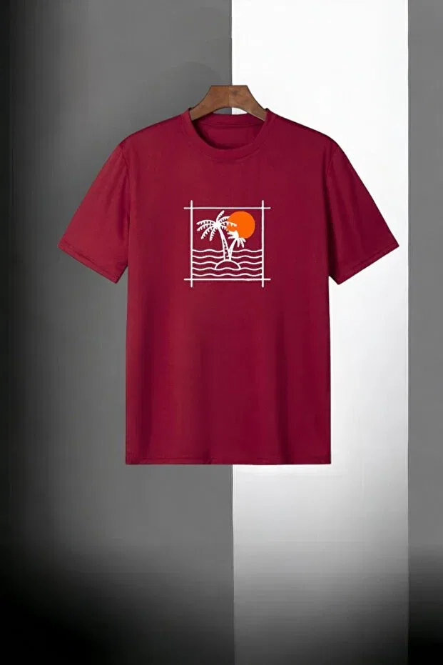 Детская футболка для мальчиков с принтом 3 Piece Palm Tree And Sun Detailed Han Elegant, Beige Burgundy Black — фото 4