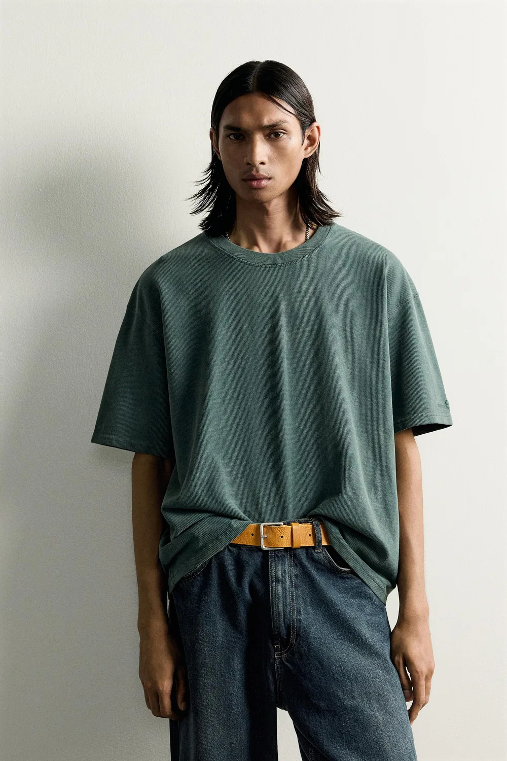 Футболка из фактурной трикотажной ткани с эффектом потертости ZARA, Green — фото 3
