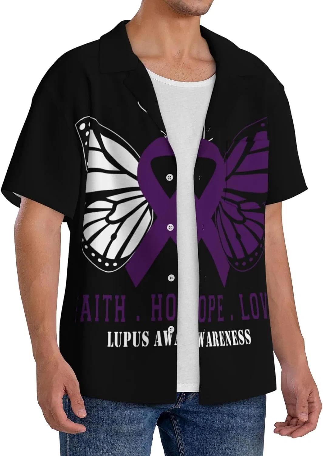 Мужская свободная рубашка с коротким рукавом Cuba Collar Butterfly Lupus Awareness, Black — фото 2