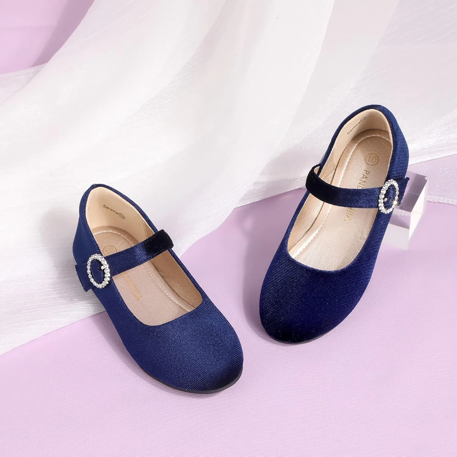Детские туфли для девочек со стразами Mary Jane PANDANINJIA, Navy Suede — фото 2