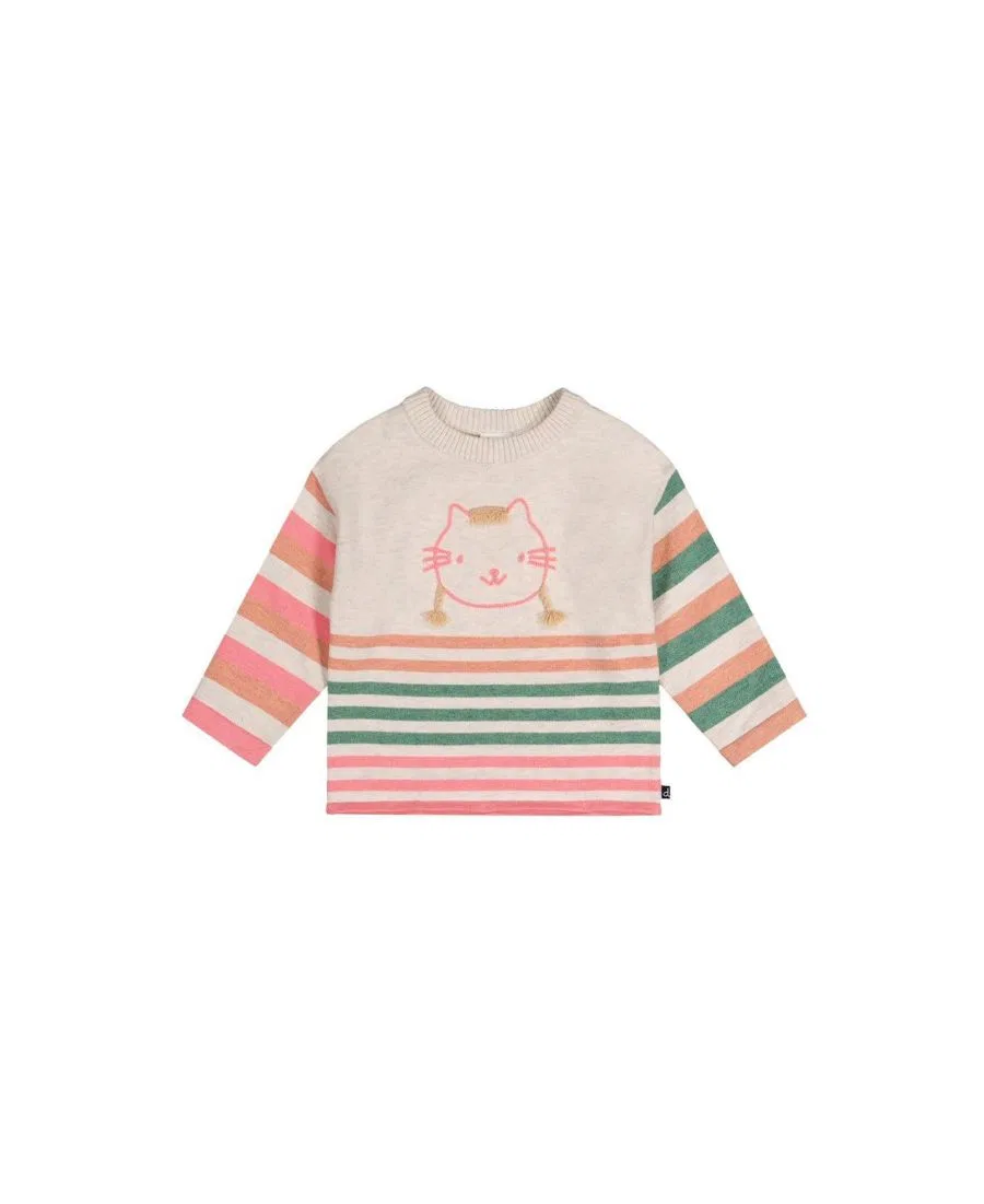 Детский свитер с полосатым принтом и аппликацией кота Deux par Deux, Off-White Multi Color