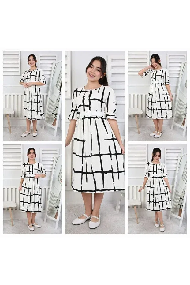 Детское платье для девочек с коротким рукавом Buttoned Belt Bürümcük Fabric Holiday Girl's Dress Abiyekids, White Stripes — фото 2