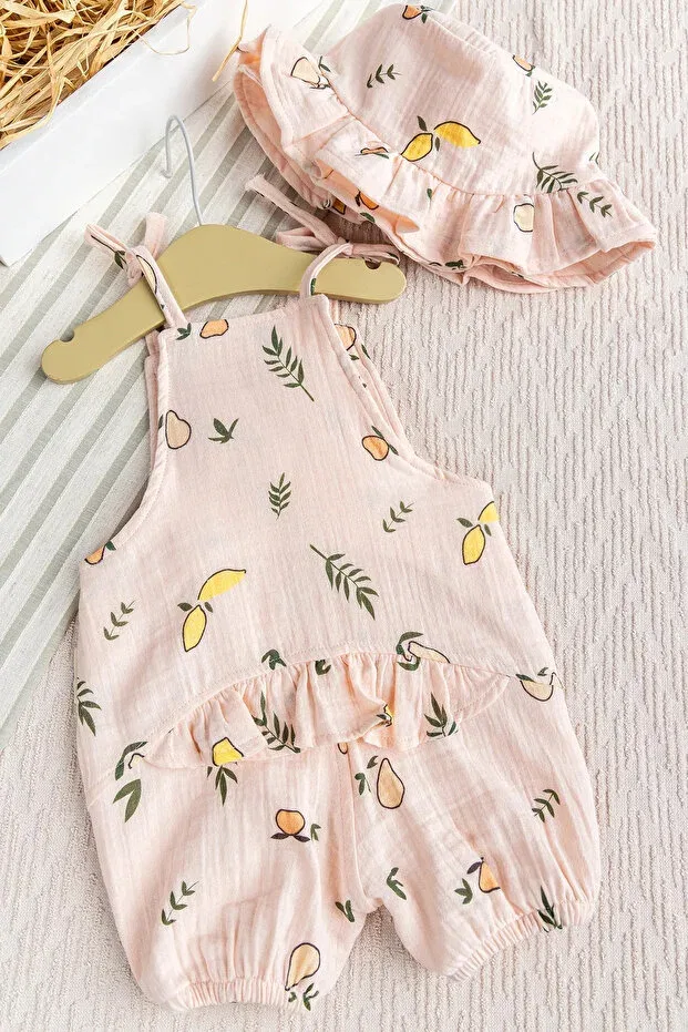Детский комбинезон для девочек хлопковый Frilly Hat Summer Muslin Babymod, Salmon — фото 3