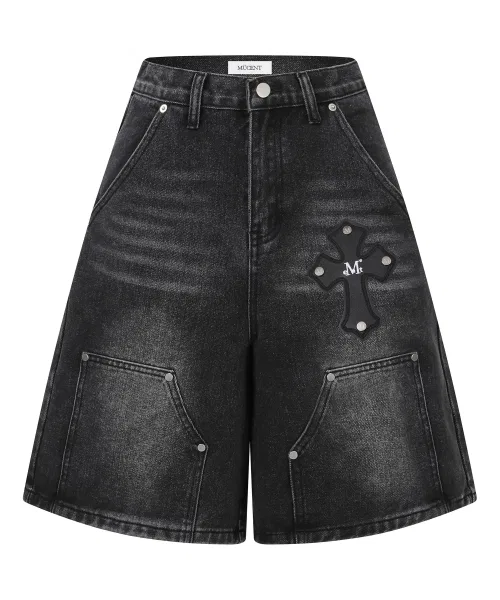 Детские джинсовые брюки с кожаными заплатками, модель Preset Cross Leather Patch Double Knee Bermuda MUCENT, Black — фото 2